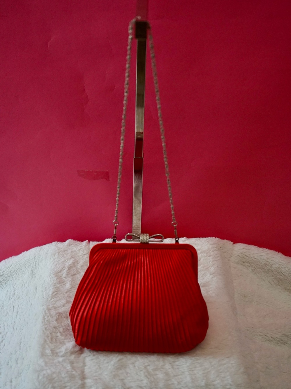 Lulu Townsend Red Pleated Satin Rhinestone Bow Evening Clutch Bag Purse